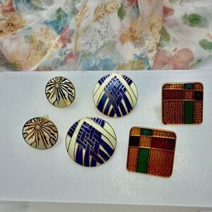 Retro  Blue and Gold Geometric Enamel pierced Earrings Set #326CE